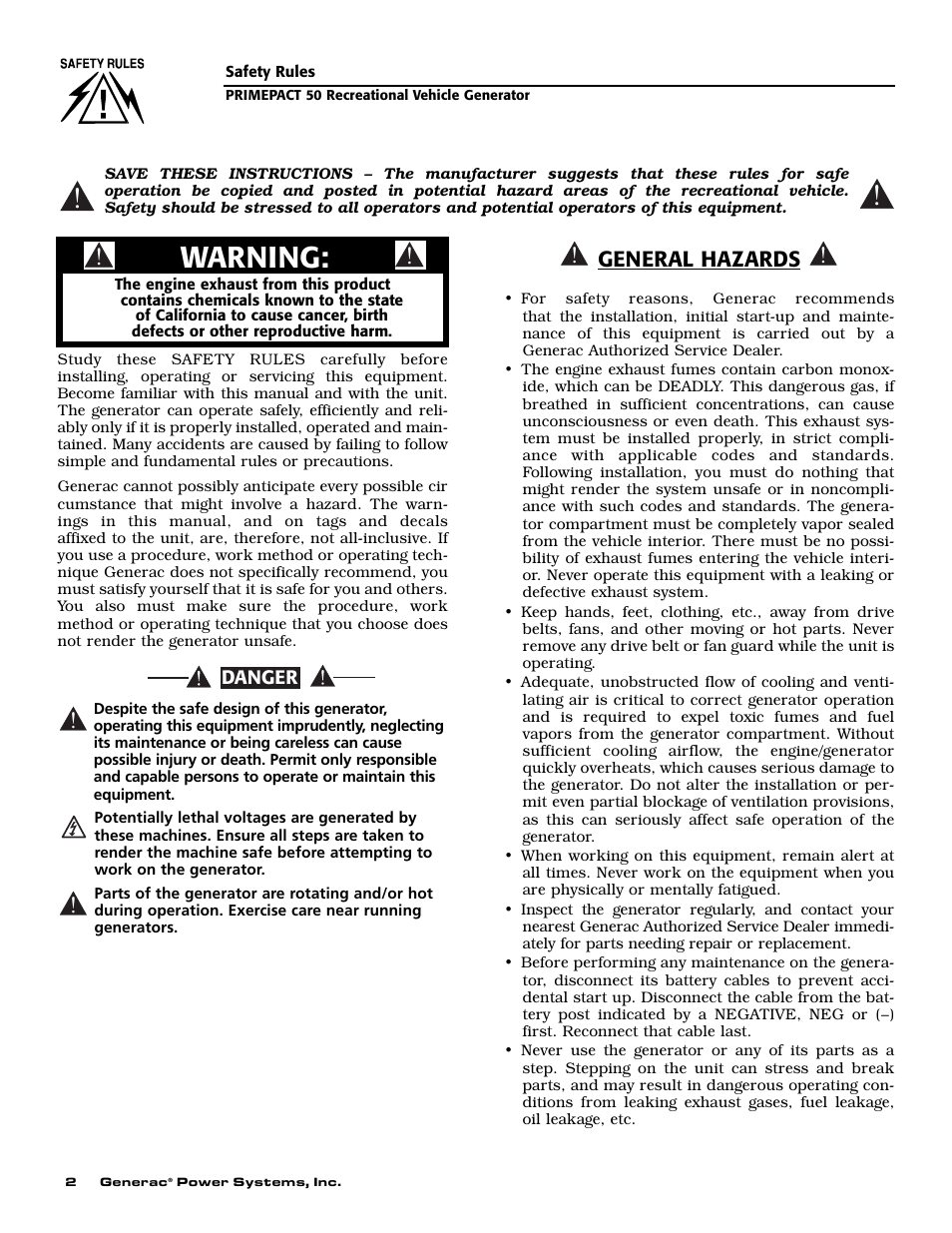 Warning, General hazards | Generac 02010-0 User Manual | Page 4 / 60