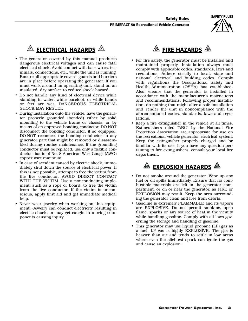Electrical hazards, Fire hazards, Explosion hazards | Generac 02010-0 User Manual | Page 5 / 60