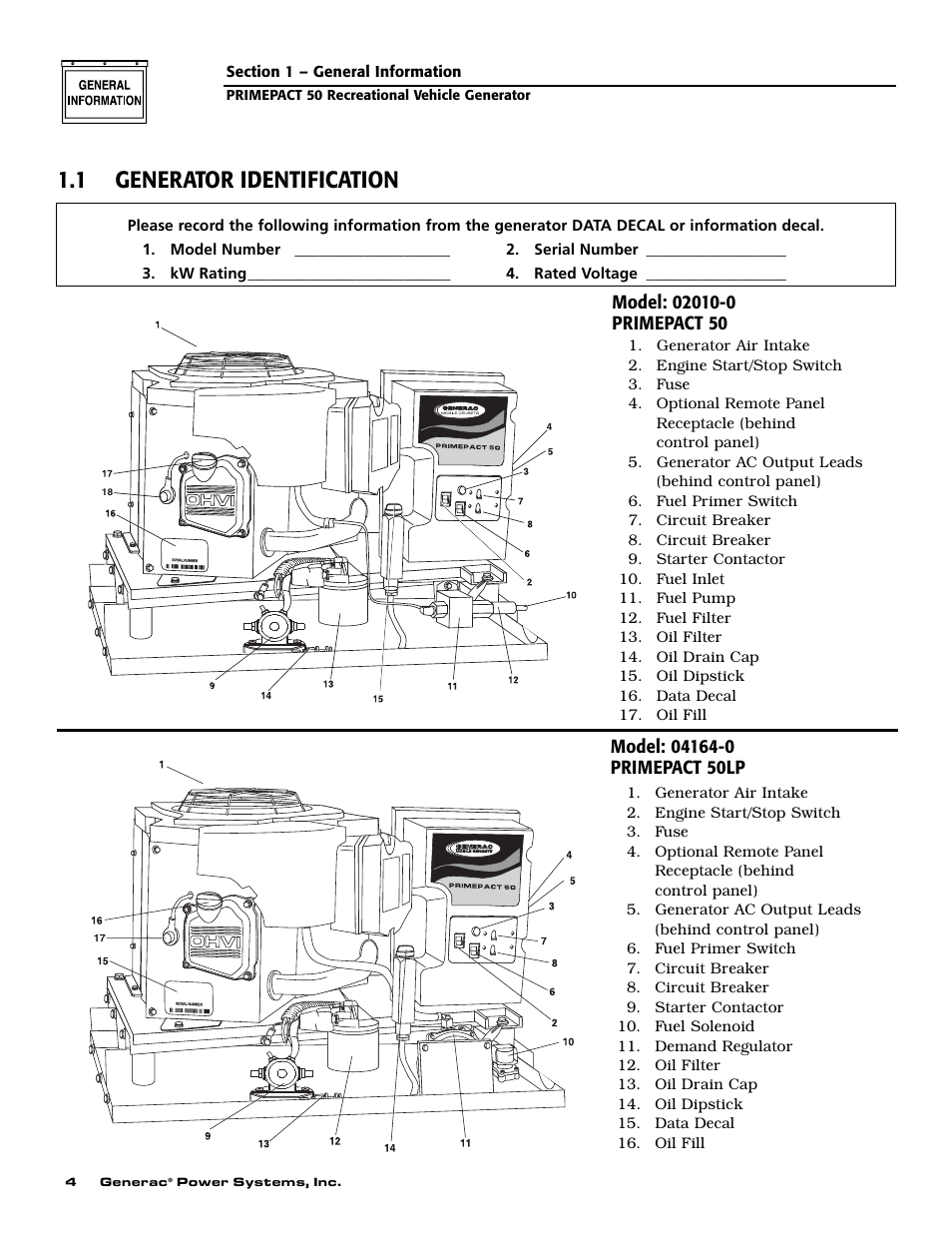 1 generator identification | Generac 02010-0 User Manual | Page 6 / 60
