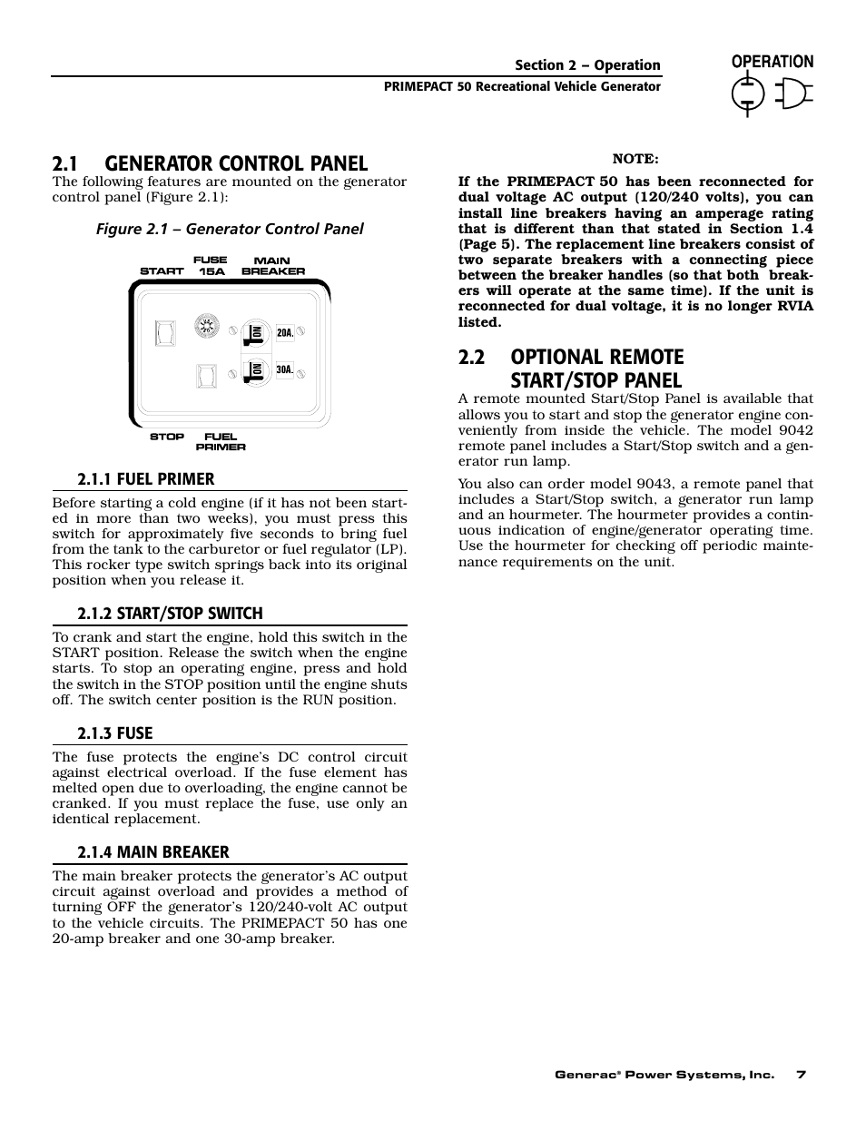 1 generator control panel, 2 optional remote start/stop panel | Generac 02010-0 User Manual | Page 9 / 60