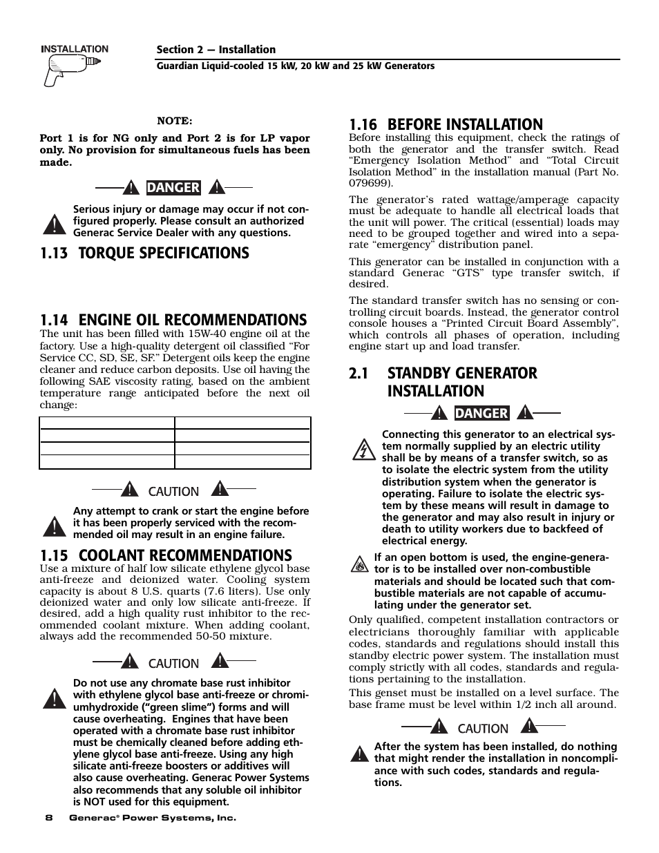 13 torque specifications, 14 engine oil recommendations, 15 coolant recommendations | 16 before installation, 1 standby generator installation | Generac 0047210 User Manual | Page 10 / 52