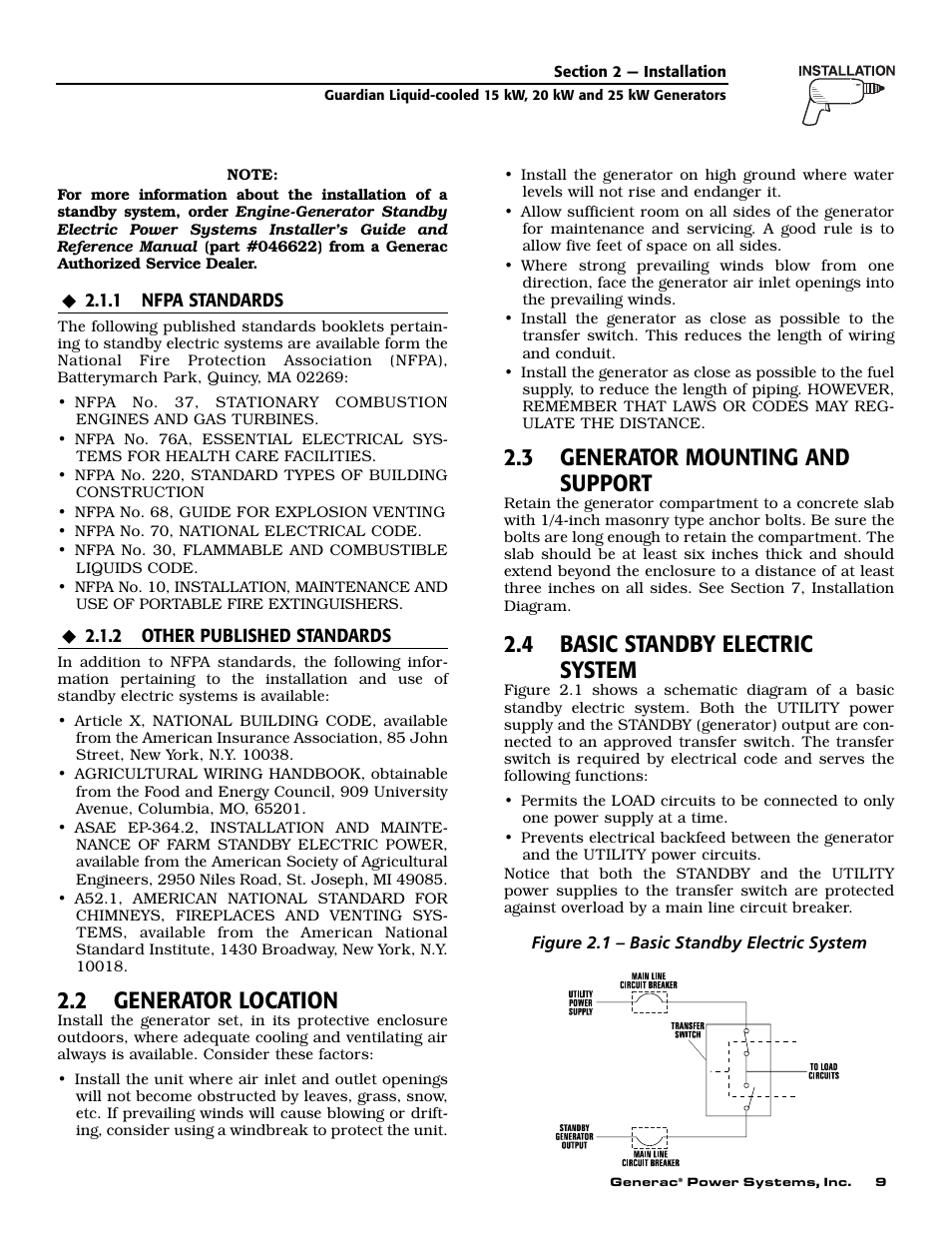 2 generator location, 3 generator mounting and support, 4 basic standby electric system | Generac 0047210 User Manual | Page 11 / 52