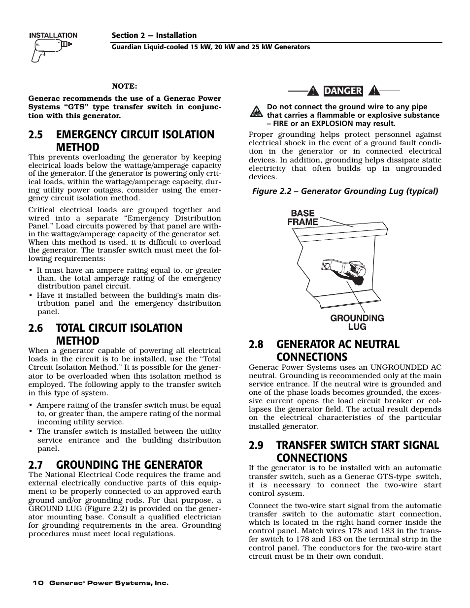 5 emergency circuit isolation method, 6 total circuit isolation method, 7 grounding the generator | 8 generator ac neutral connections, 9 transfer switch start signal connections | Generac 0047210 User Manual | Page 12 / 52