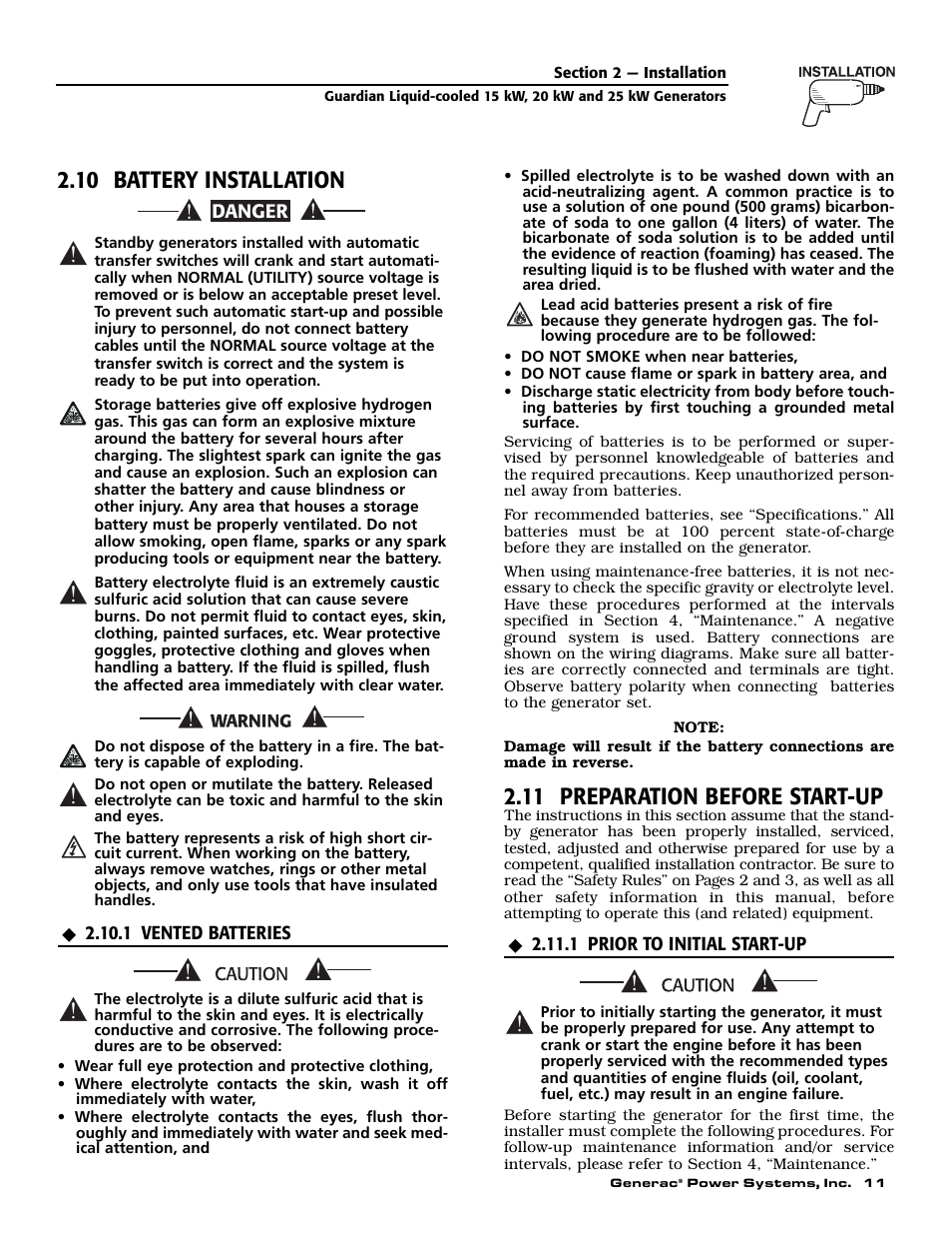 10 battery installation, 11 preparation before start-up | Generac 0047210 User Manual | Page 13 / 52