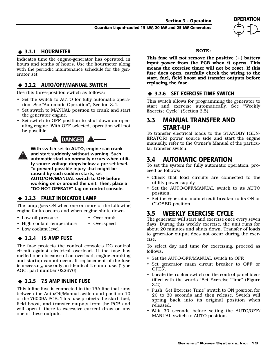 3 manual transfer and start-up, 4 automatic operation, 5 weekly exercise cycle | Generac 0047210 User Manual | Page 15 / 52