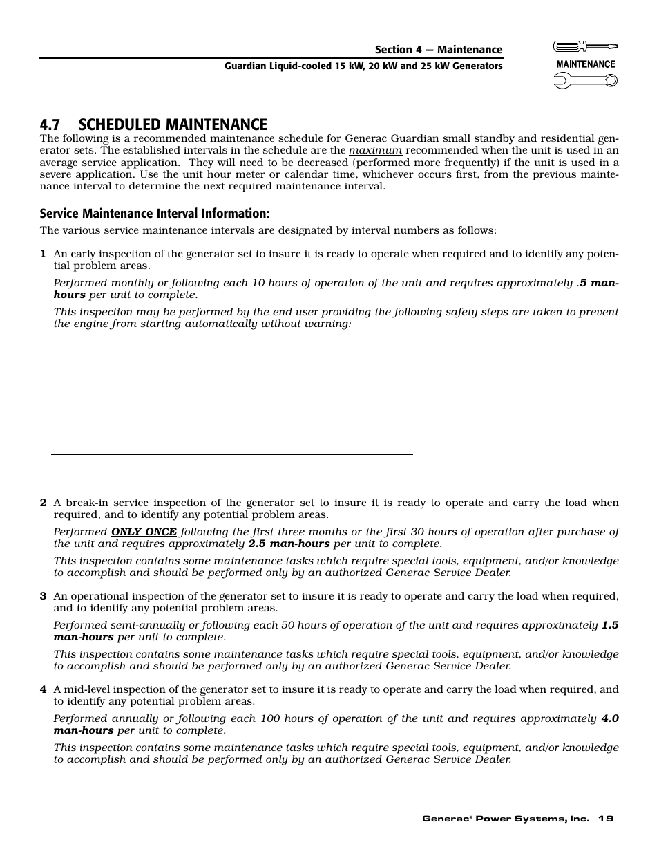 7 scheduled maintenance | Generac 0047210 User Manual | Page 21 / 52