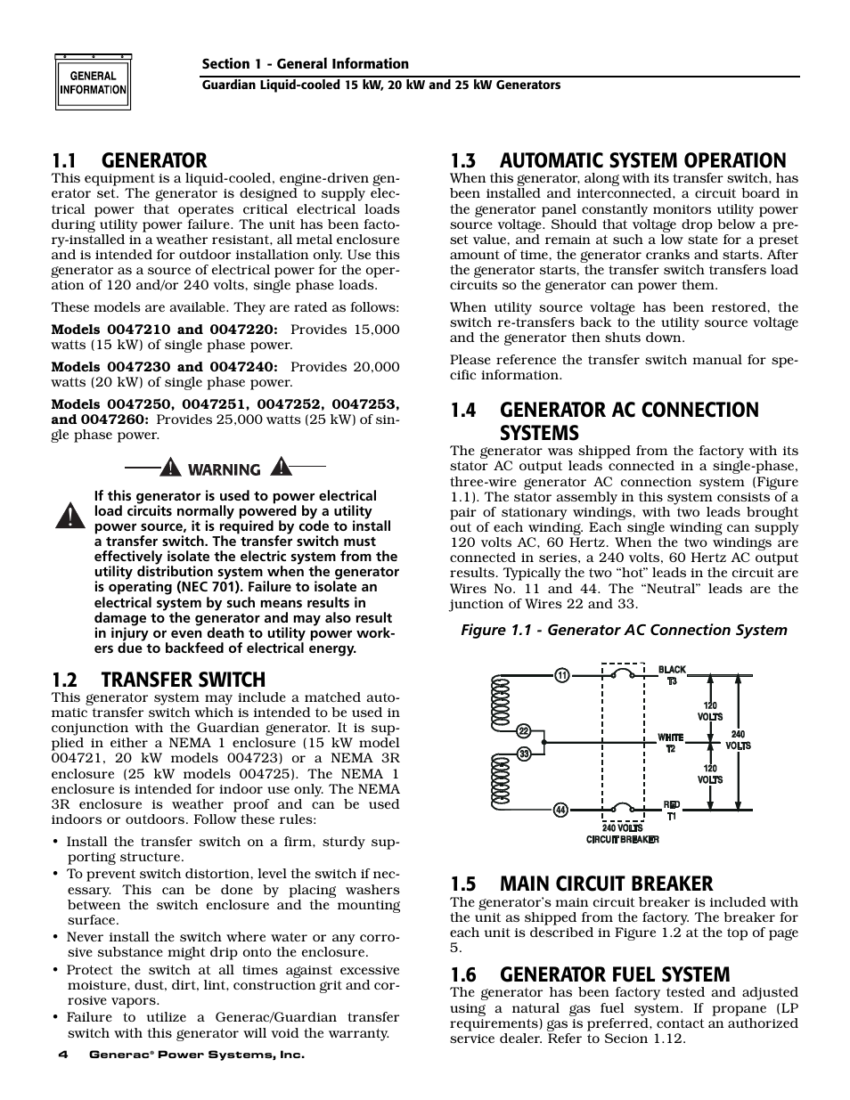 1 generator, 2 transfer switch, 3 automatic system operation | 4 generator ac connection systems, 5 main circuit breaker, 6 generator fuel system | Generac 0047210 User Manual | Page 6 / 52