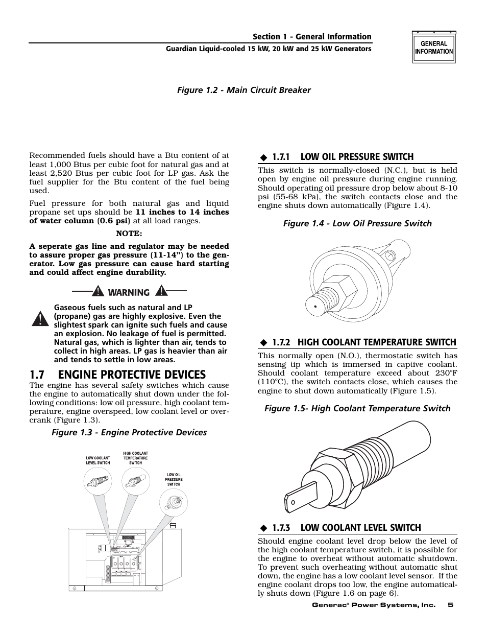 7 engine protective devices, 1 low oil pressure switch, 2 high coolant temperature switch | 3 low coolant level switch | Generac 0047210 User Manual | Page 7 / 52