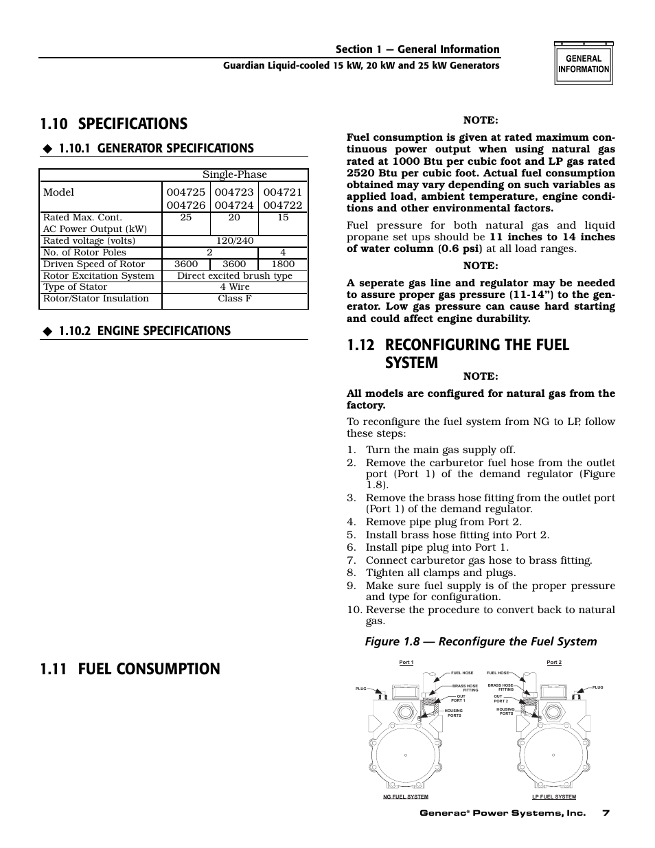 10 specifications, 11 fuel consumption, 12 reconfiguring the fuel system | Figure 1.8 — reconfigure the fuel system | Generac 0047210 User Manual | Page 9 / 52