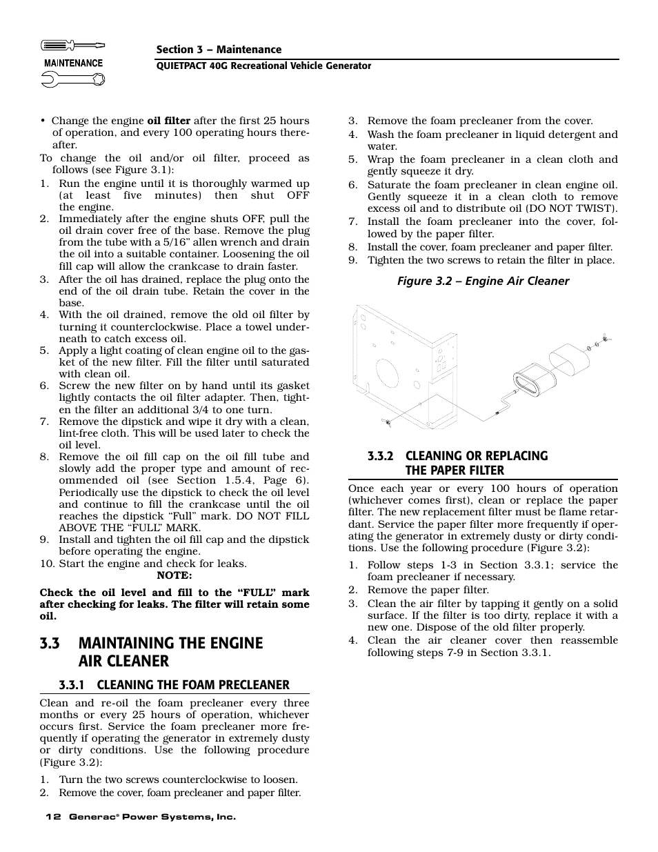 3 maintaining the engine air cleaner | Generac 004700-0 User Manual | Page 14 / 52