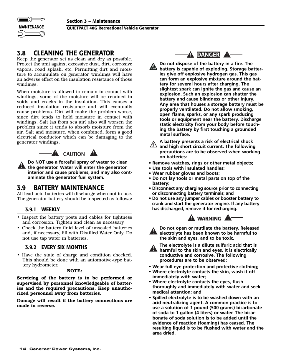 8 cleaning the generator, 9 battery maintenance | Generac 004700-0 User Manual | Page 16 / 52