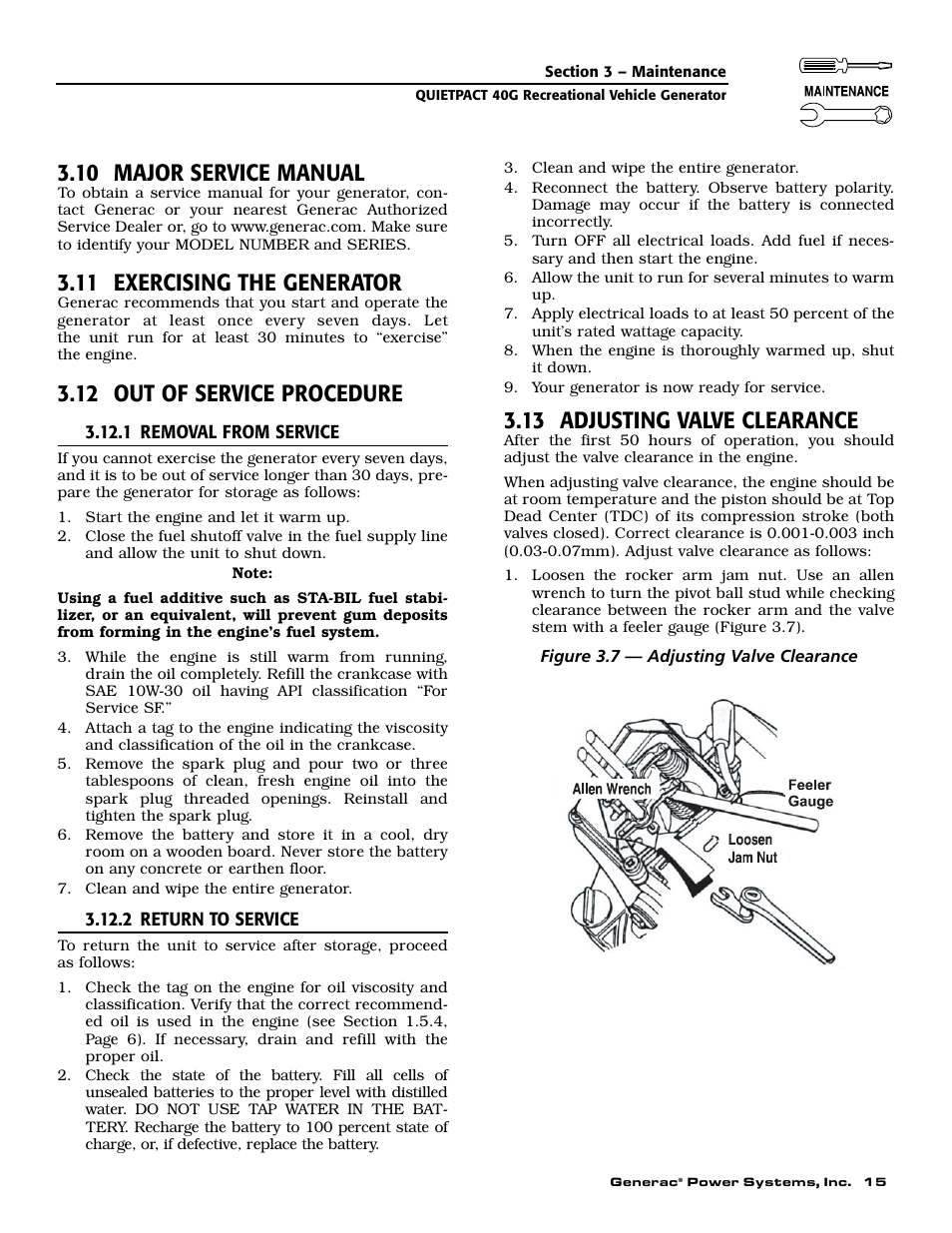10 major service manual, 11 exercising the generator, 12 out of service procedure | 13 adjusting valve clearance | Generac 004700-0 User Manual | Page 17 / 52