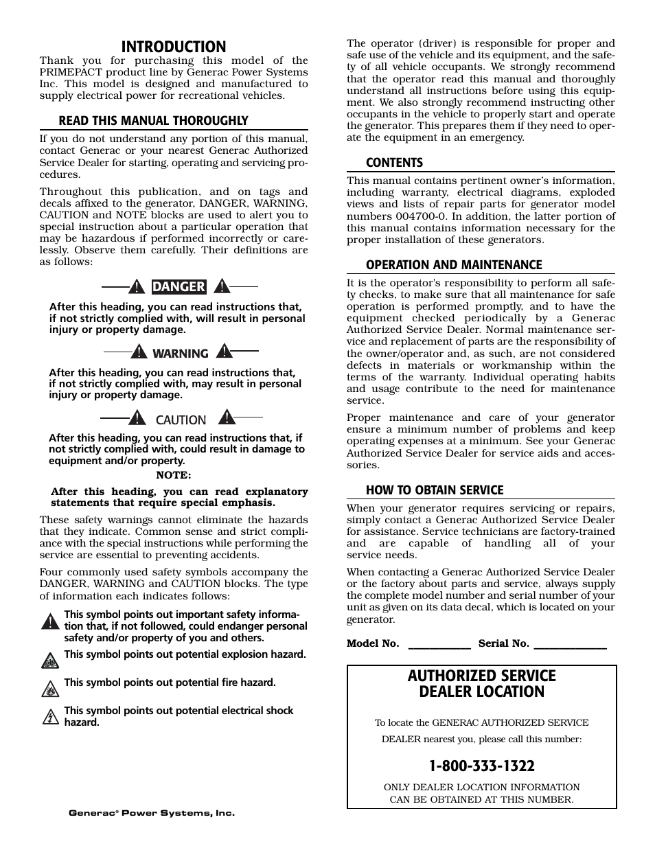Introduction, Authorized service dealer location | Generac 004700-0 User Manual | Page 2 / 52