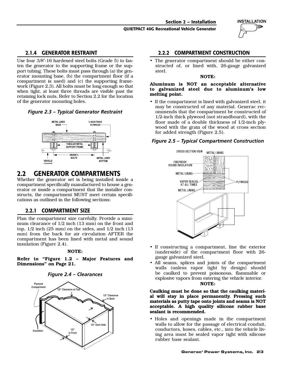 2 generator compartments, 4 generator restraint, 1 compartment size | 2 compartment construction | Generac 004700-0 User Manual | Page 25 / 52