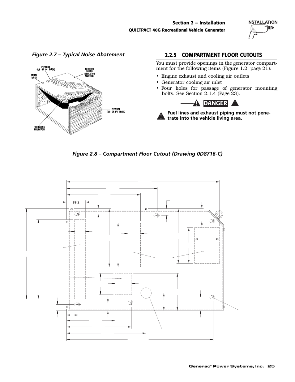 View from top, Danger, 5 compartment floor cutouts | All measurements are in millimeters, 25.4 mm = 1, Figure 2.7 – typical noise abatement | Generac 004700-0 User Manual | Page 27 / 52