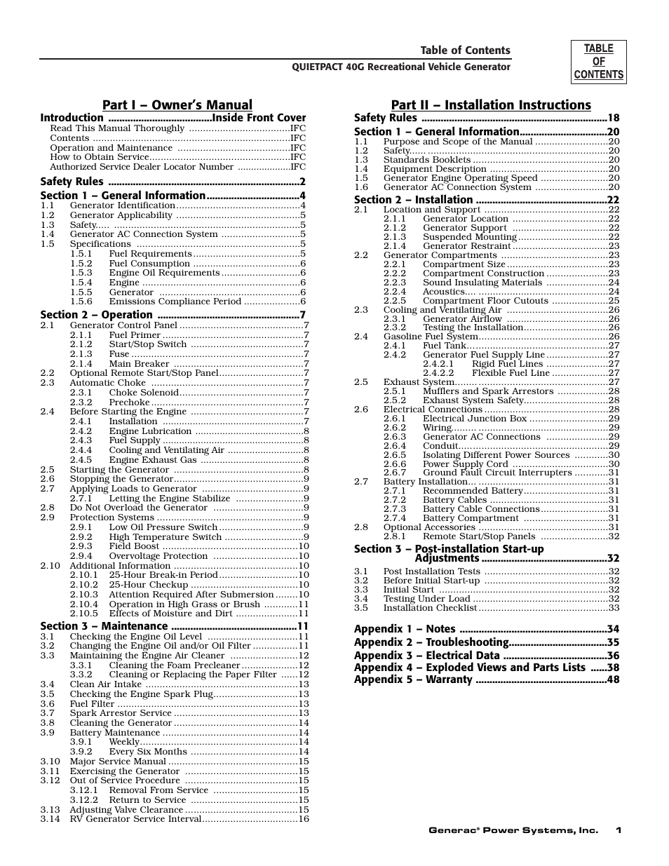 Part i – owner’s manual, Part ii – installation instructions | Generac 004700-0 User Manual | Page 3 / 52