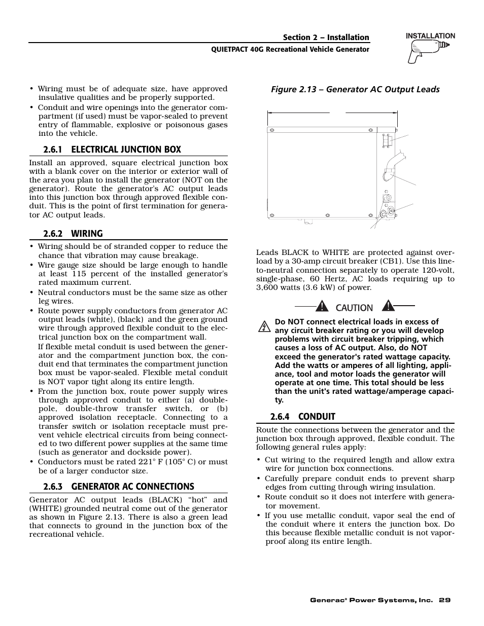 1 electrical junction box, 2 wiring, 3 generator ac connections | 4 conduit, Figure 2.13 – generator ac output leads, Quietpact 40g recreational vehicle generator | Generac 004700-0 User Manual | Page 31 / 52
