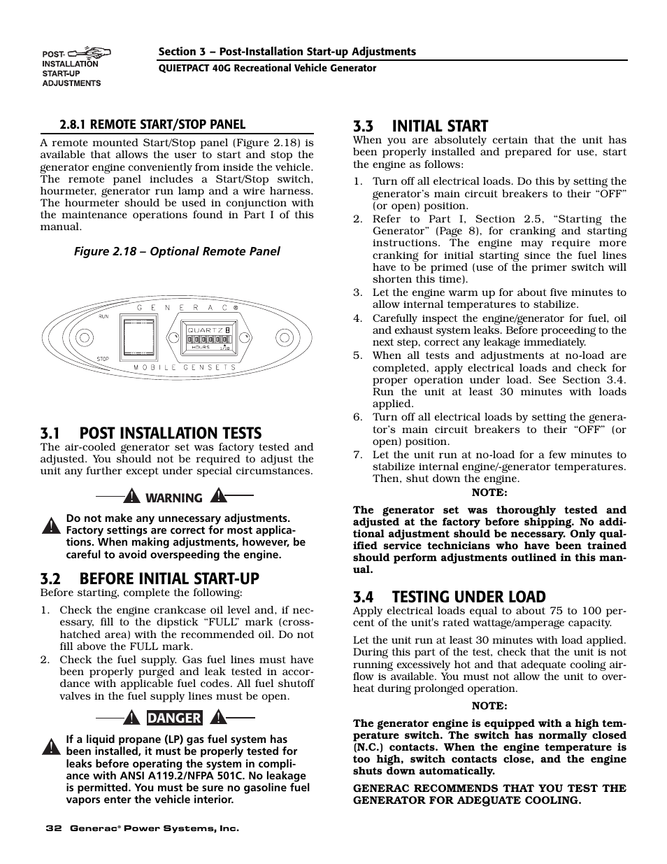 1 post installation tests, 2 before initial start-up, 3 initial start | 4 testing under load | Generac 004700-0 User Manual | Page 34 / 52