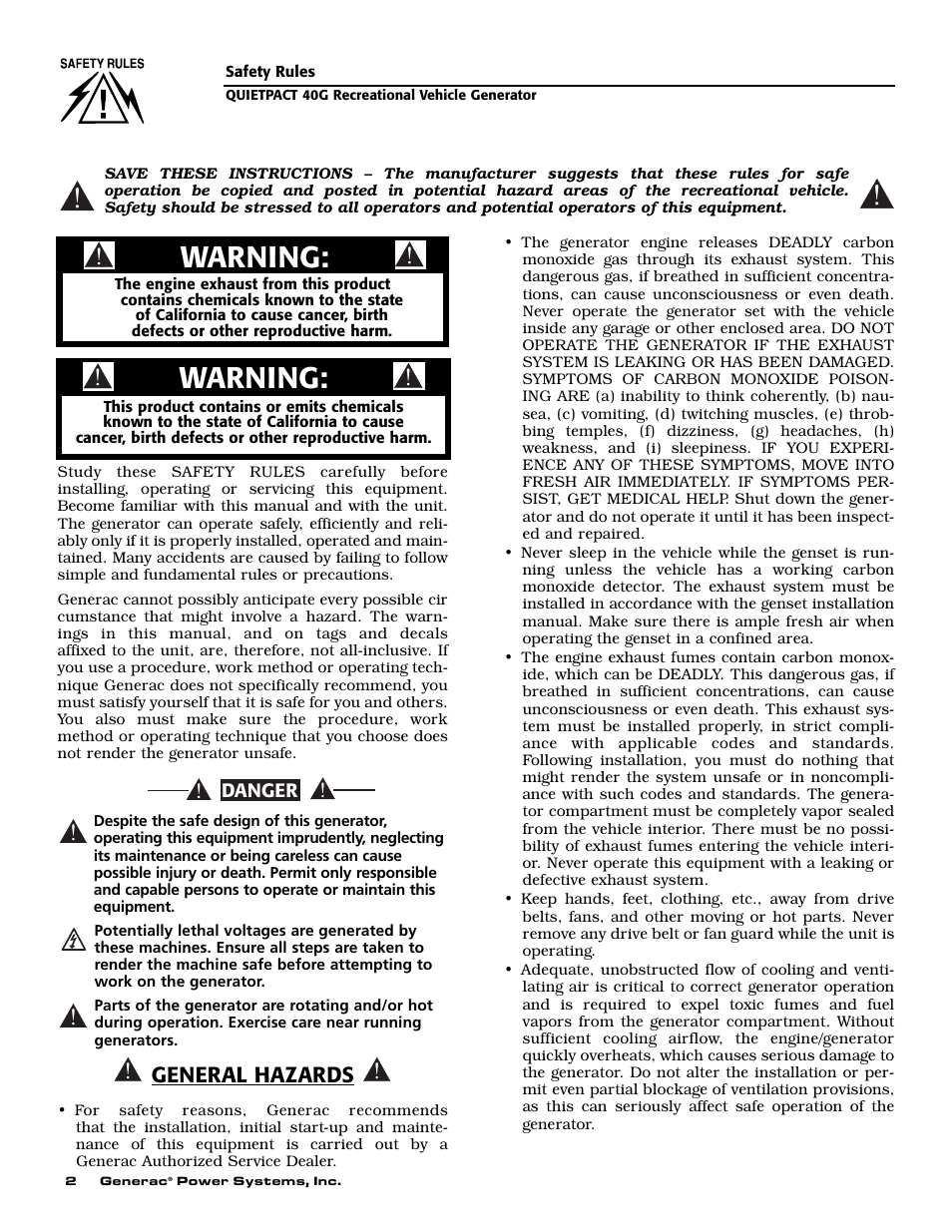 Warning | Generac 004700-0 User Manual | Page 4 / 52