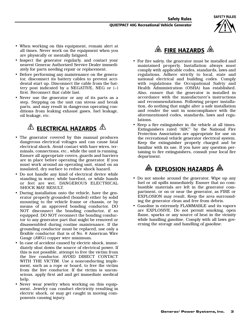 Electrical hazards, Fire hazards, Explosion hazards | Generac 004700-0 User Manual | Page 5 / 52