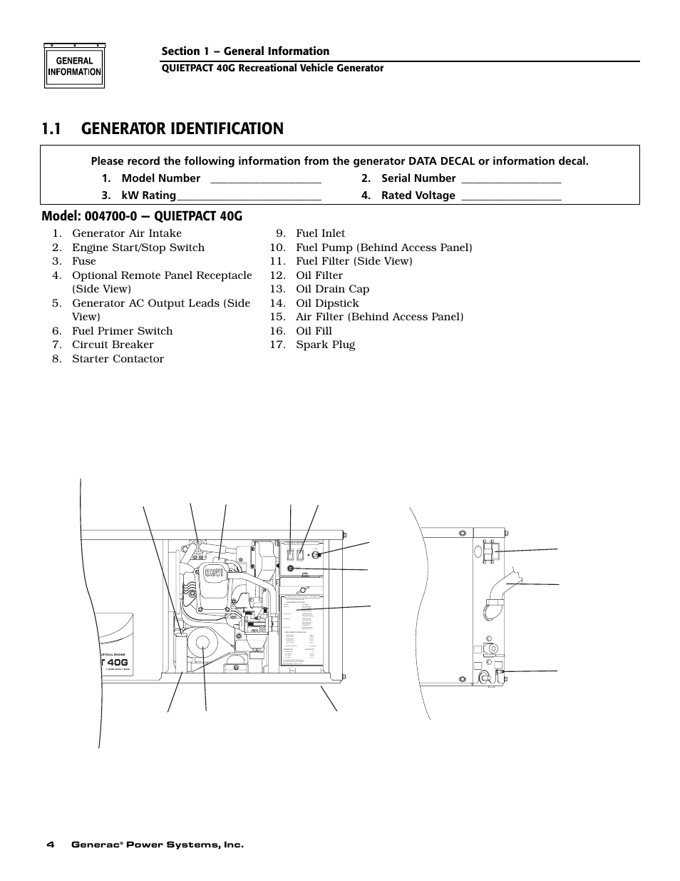 1 generator identification | Generac 004700-0 User Manual | Page 6 / 52
