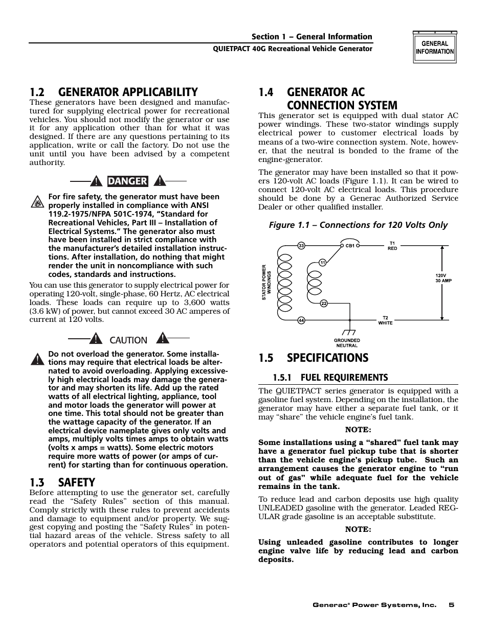 2 generator applicability, 3 safety, 4 generator ac connection system | 5 specifications | Generac 004700-0 User Manual | Page 7 / 52