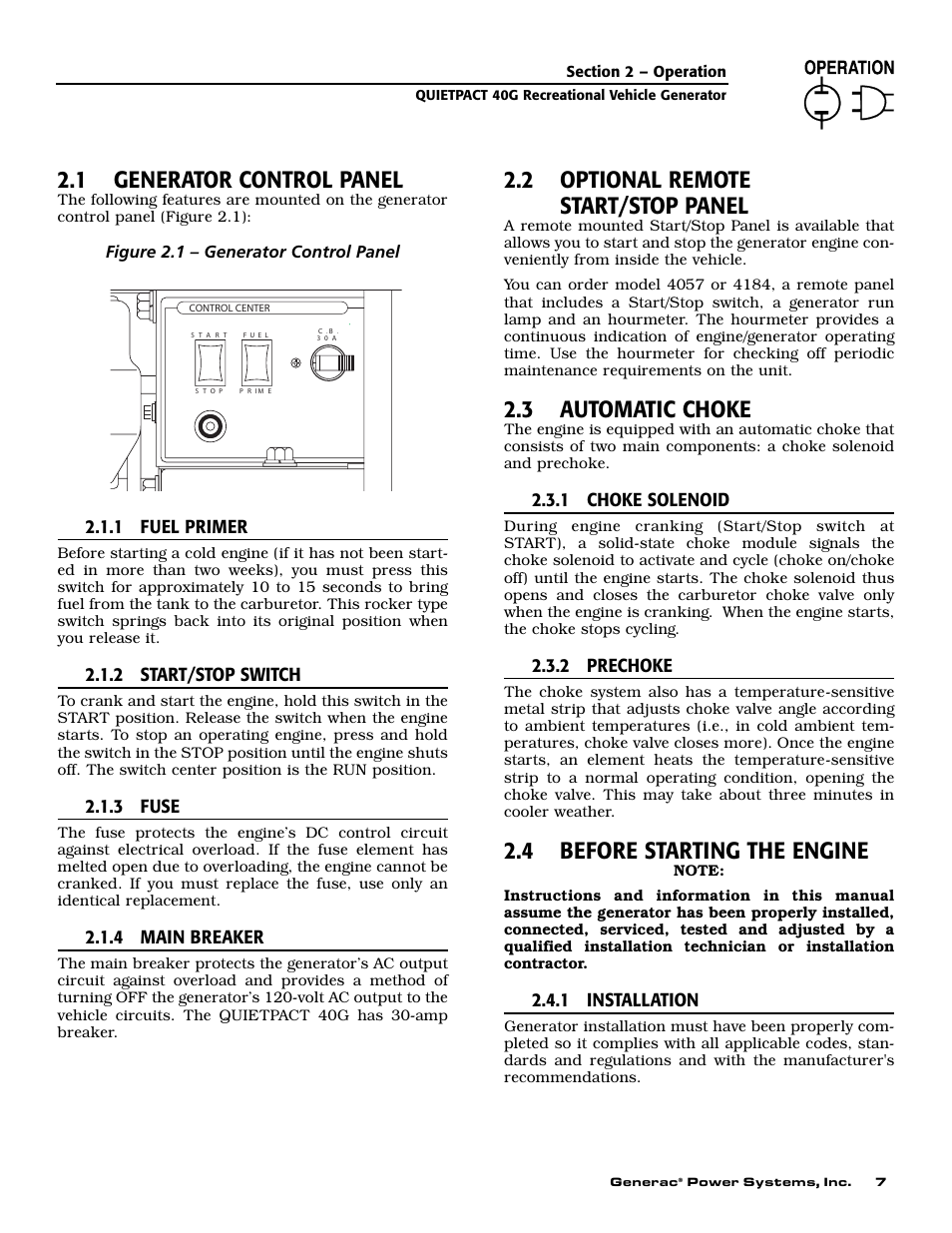 1 generator control panel, 2 optional remote start/stop panel, 3 automatic choke | 4 before starting the engine | Generac 004700-0 User Manual | Page 9 / 52