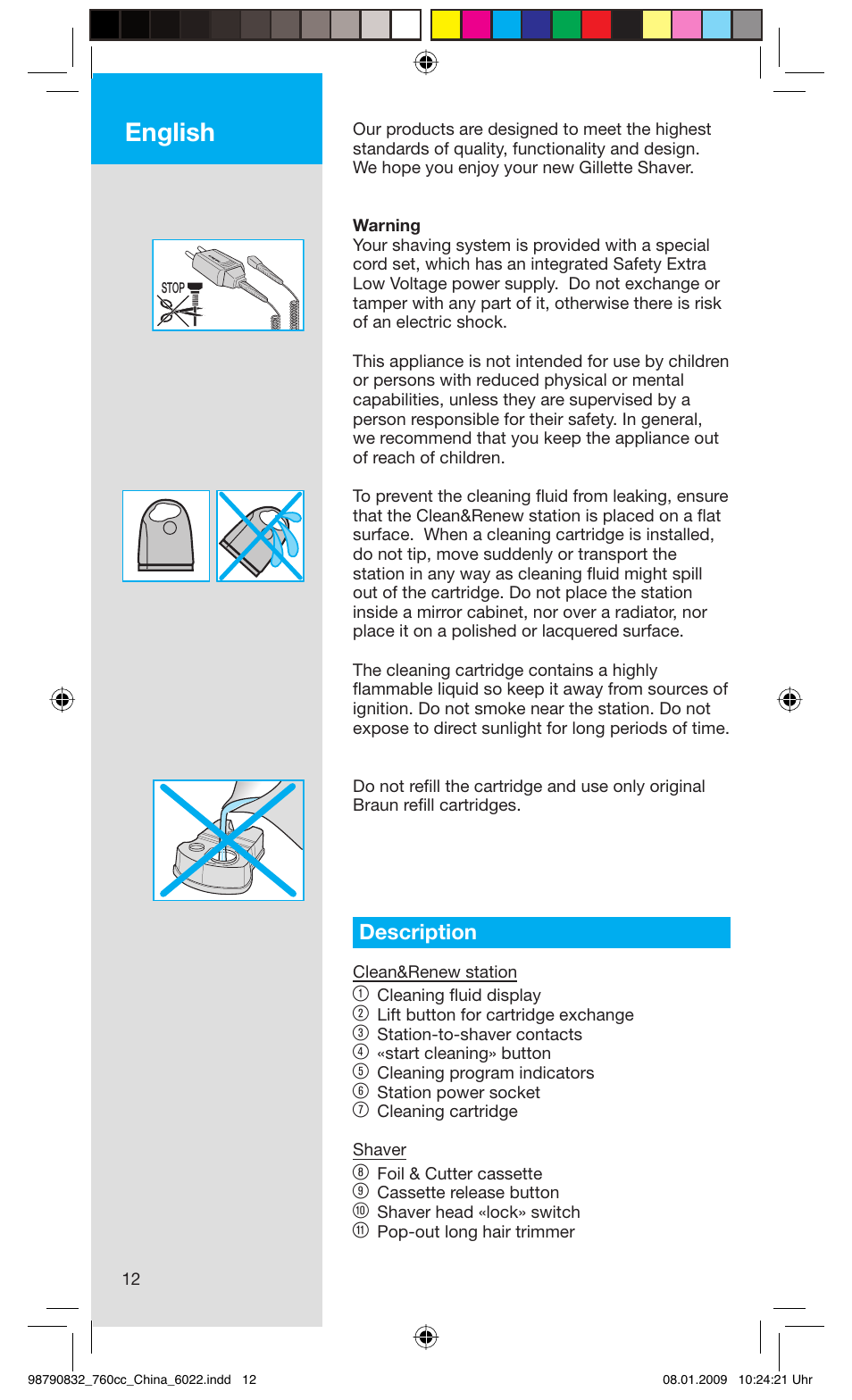 English, Description | Gillette 5693 User Manual | Page 12 / 18