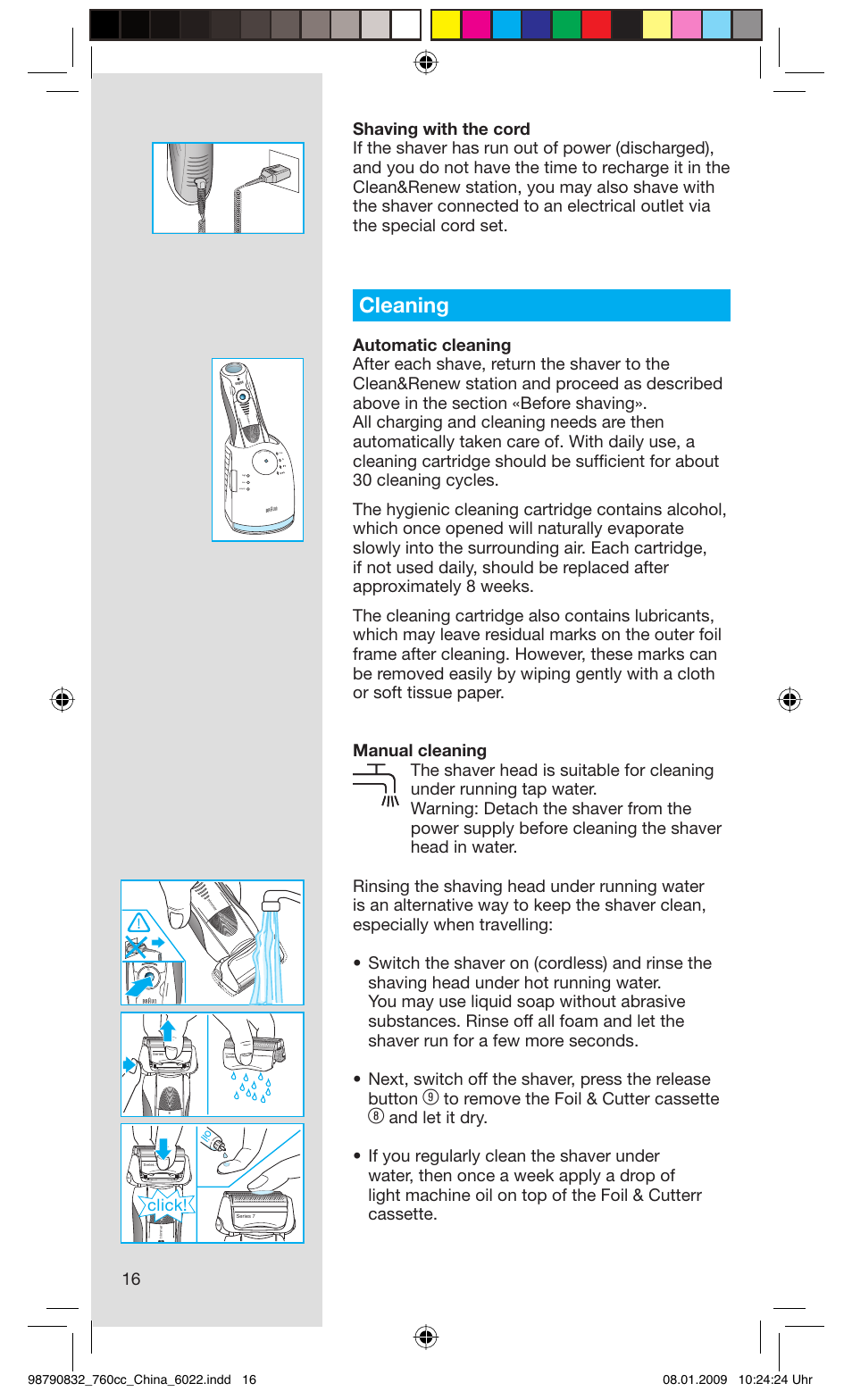 Cleaning, Click, Rese t | Gillette 5693 User Manual | Page 16 / 18