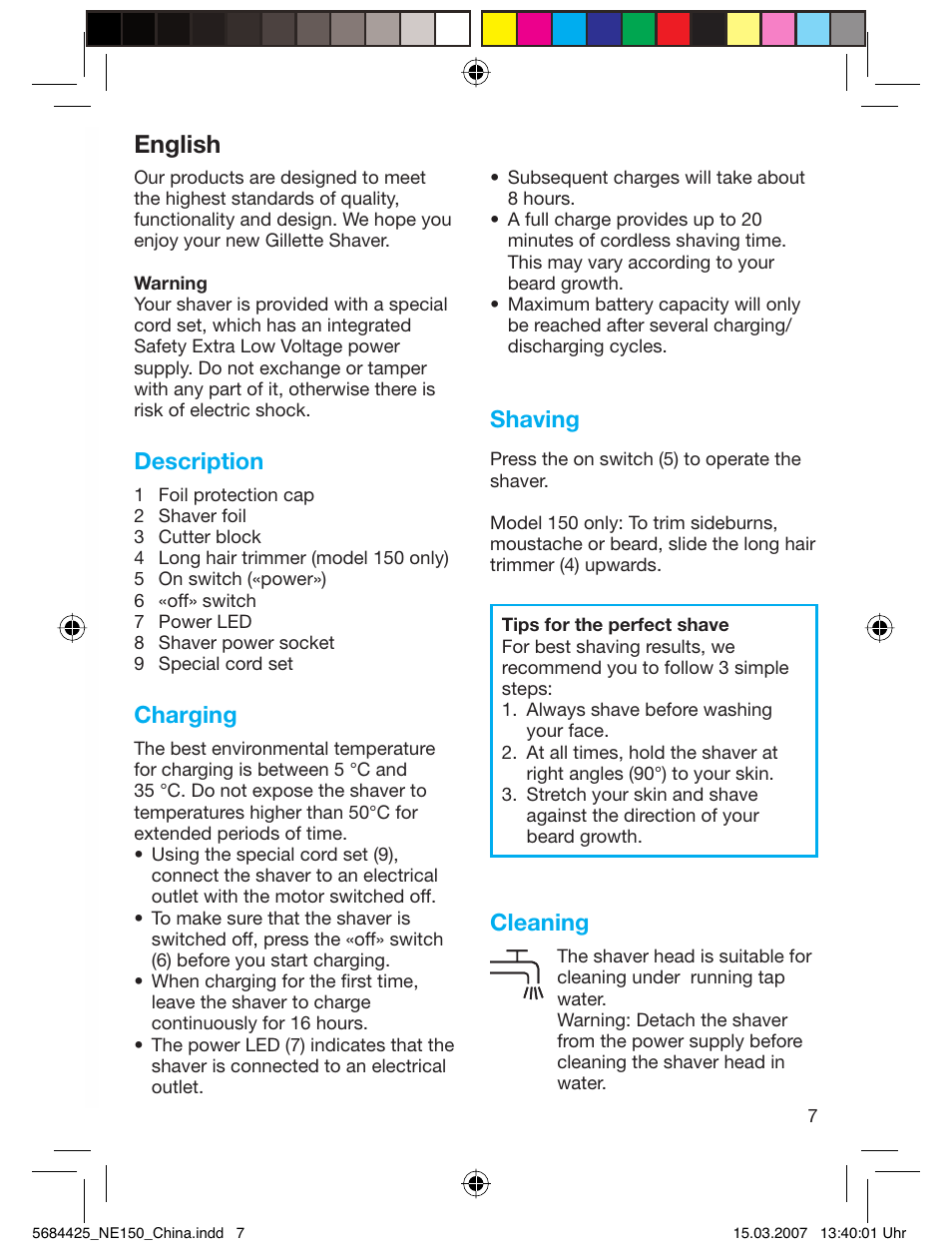 English, Description, Charging | Shaving, Cleaning | Gillette NETLINK E340 User Manual | Page 7 / 8