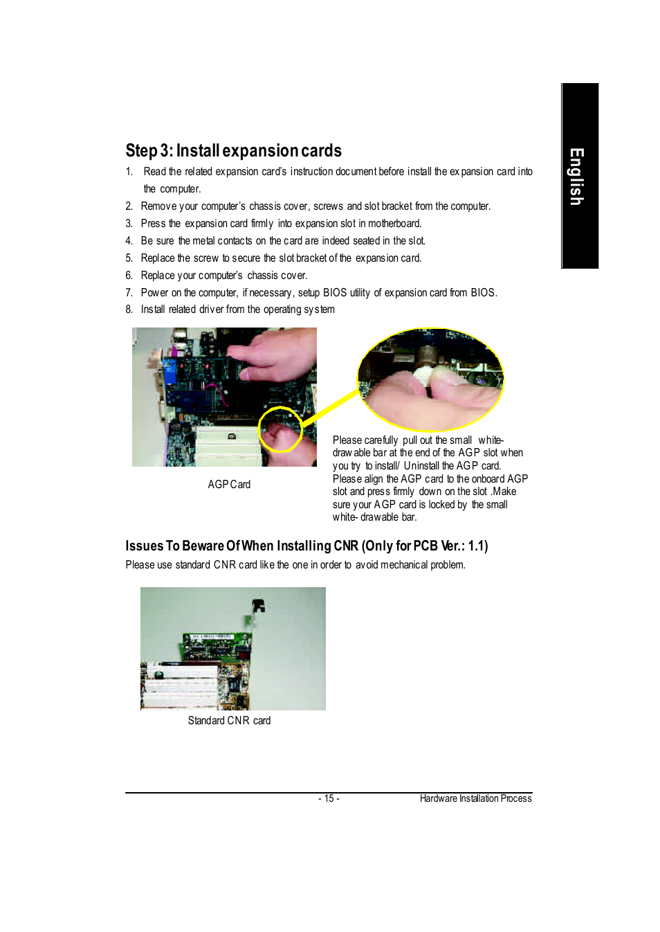 English, Step 3: install expansion cards | GIGABYTE GA-7vkml User Manual | Page 19 / 104