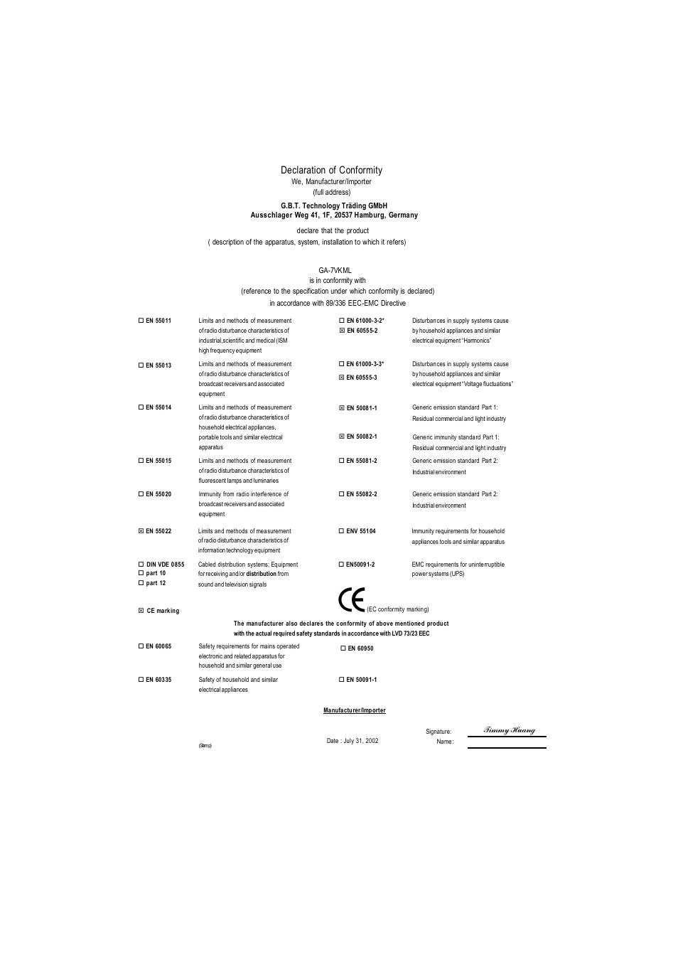 Declaration of conformity | GIGABYTE GA-7vkml User Manual | Page 3 / 104
