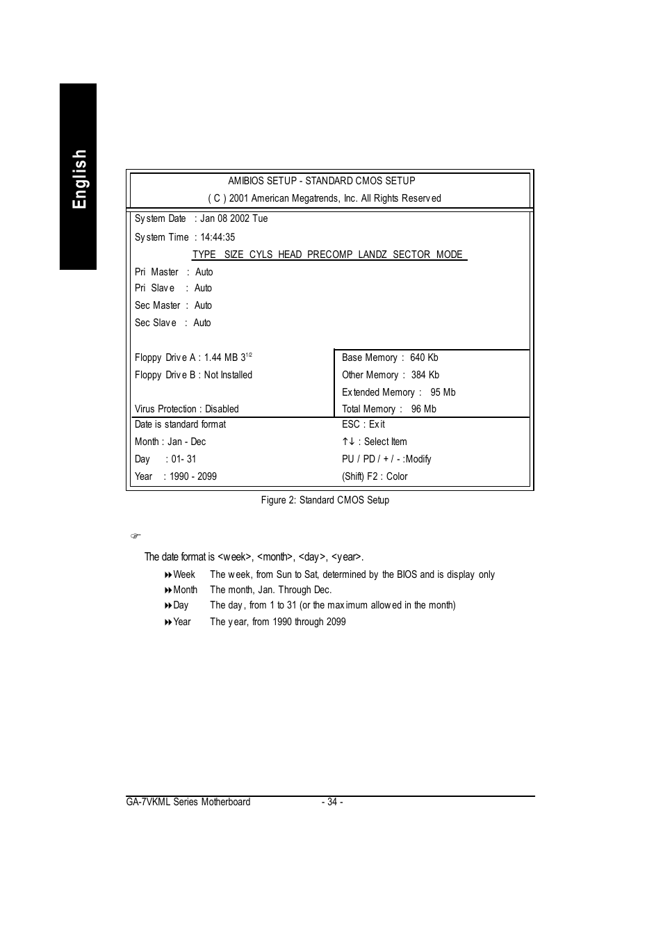 English, Standard cmos features | GIGABYTE GA-7vkml User Manual | Page 38 / 104