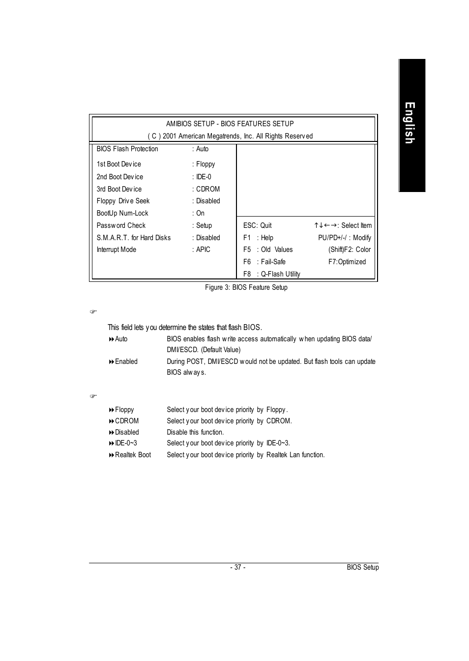 English, Bios features setup | GIGABYTE GA-7vkml User Manual | Page 41 / 104