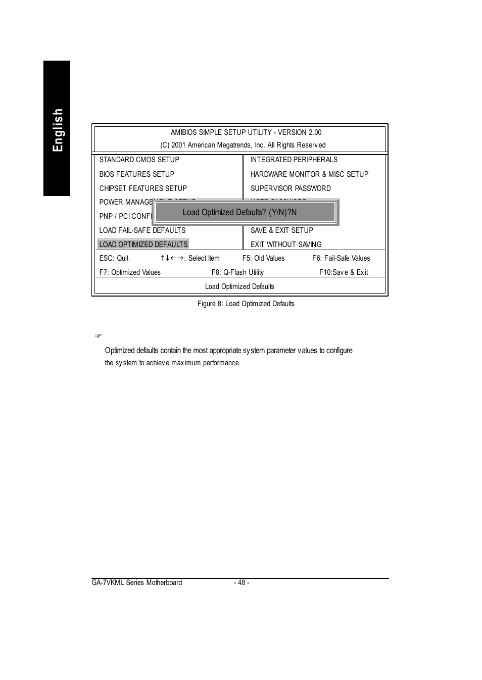 English, Load optimized defaults | GIGABYTE GA-7vkml User Manual | Page 52 / 104