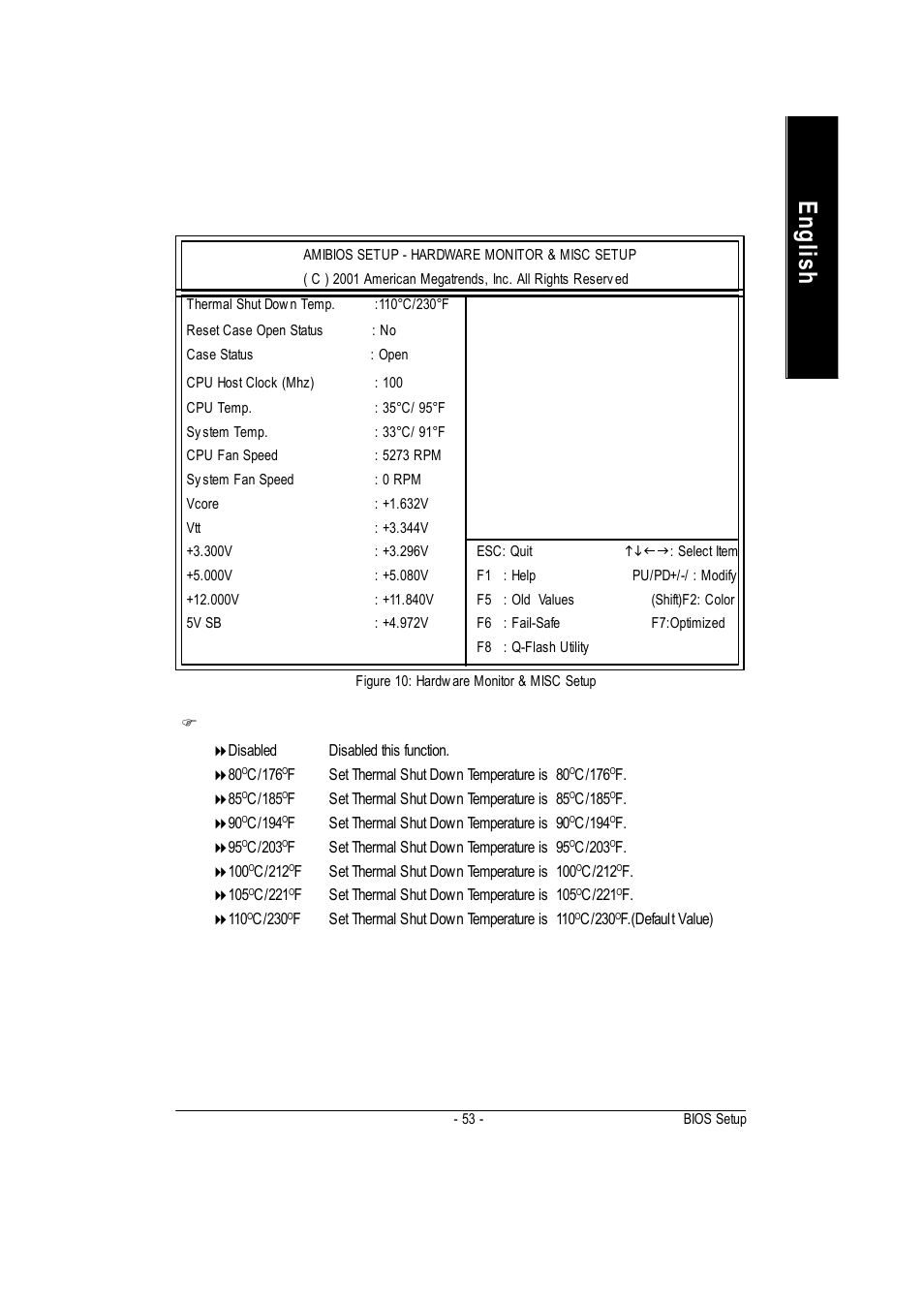 English, Hardware monitor & misc setup, F thermal shut down temp | GIGABYTE GA-7vkml User Manual | Page 57 / 104