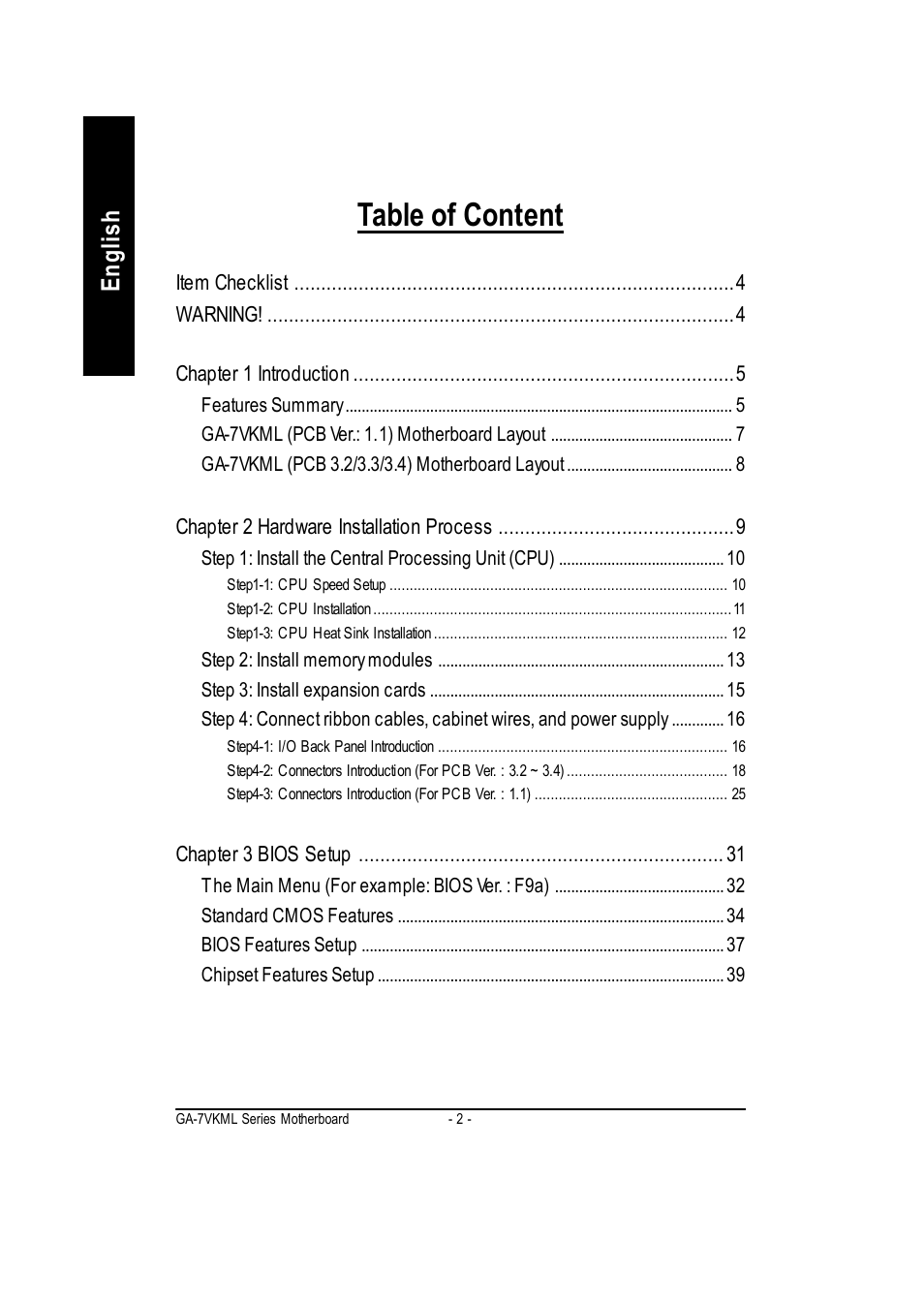 Table of content, English | GIGABYTE GA-7vkml User Manual | Page 6 / 104