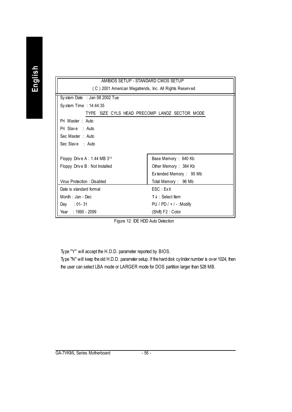 English, Ide hdd auto detection | GIGABYTE GA-7vkml User Manual | Page 60 / 104