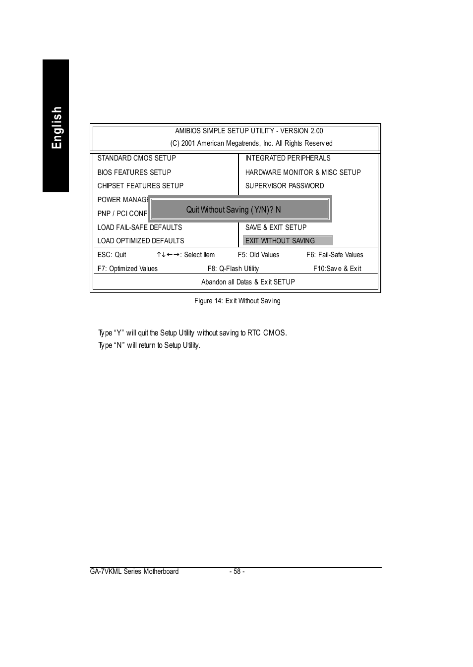 English, Exit without saving | GIGABYTE GA-7vkml User Manual | Page 62 / 104