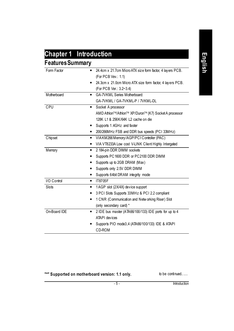 Chapter 1 introduction, English, Features summary | GIGABYTE GA-7vkml User Manual | Page 9 / 104