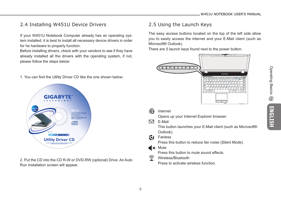 4 installing w451u device drivers, 5 using the launch keys | GIGABYTE W451U User Manual | Page 16 / 47