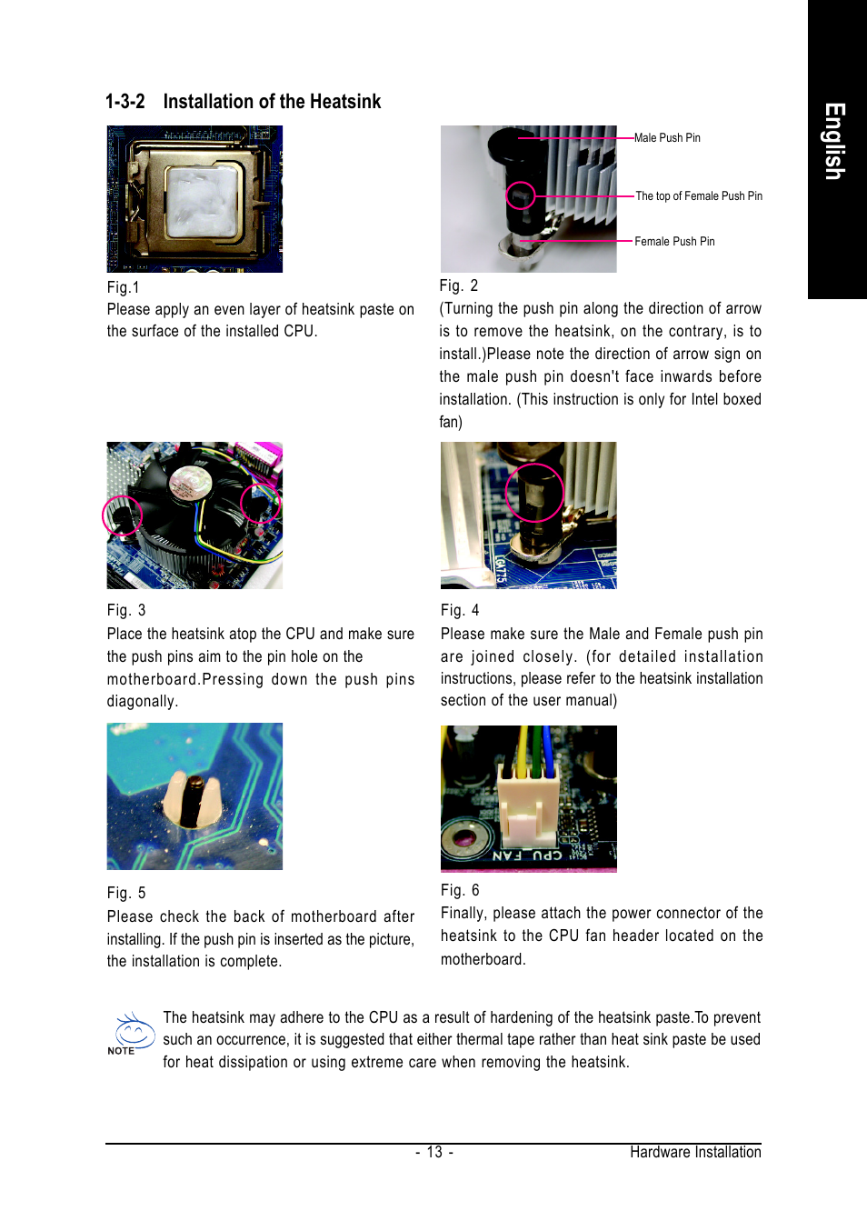 English, 3-2 installation of the heatsink | GIGABYTE GA-8I915G-MF User Manual | Page 13 / 80