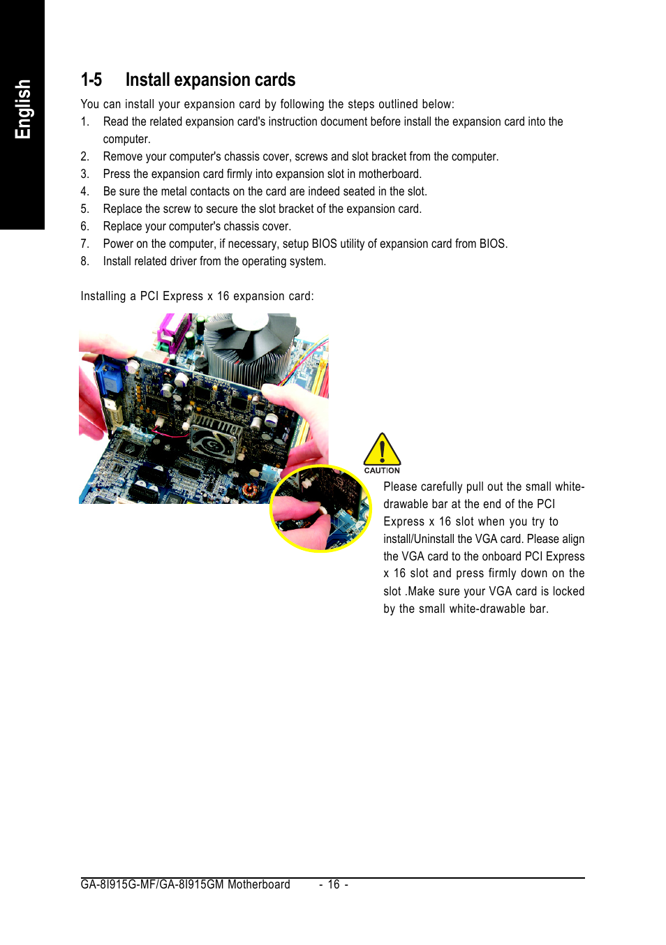 English, 5 install expansion cards | GIGABYTE GA-8I915G-MF User Manual | Page 16 / 80