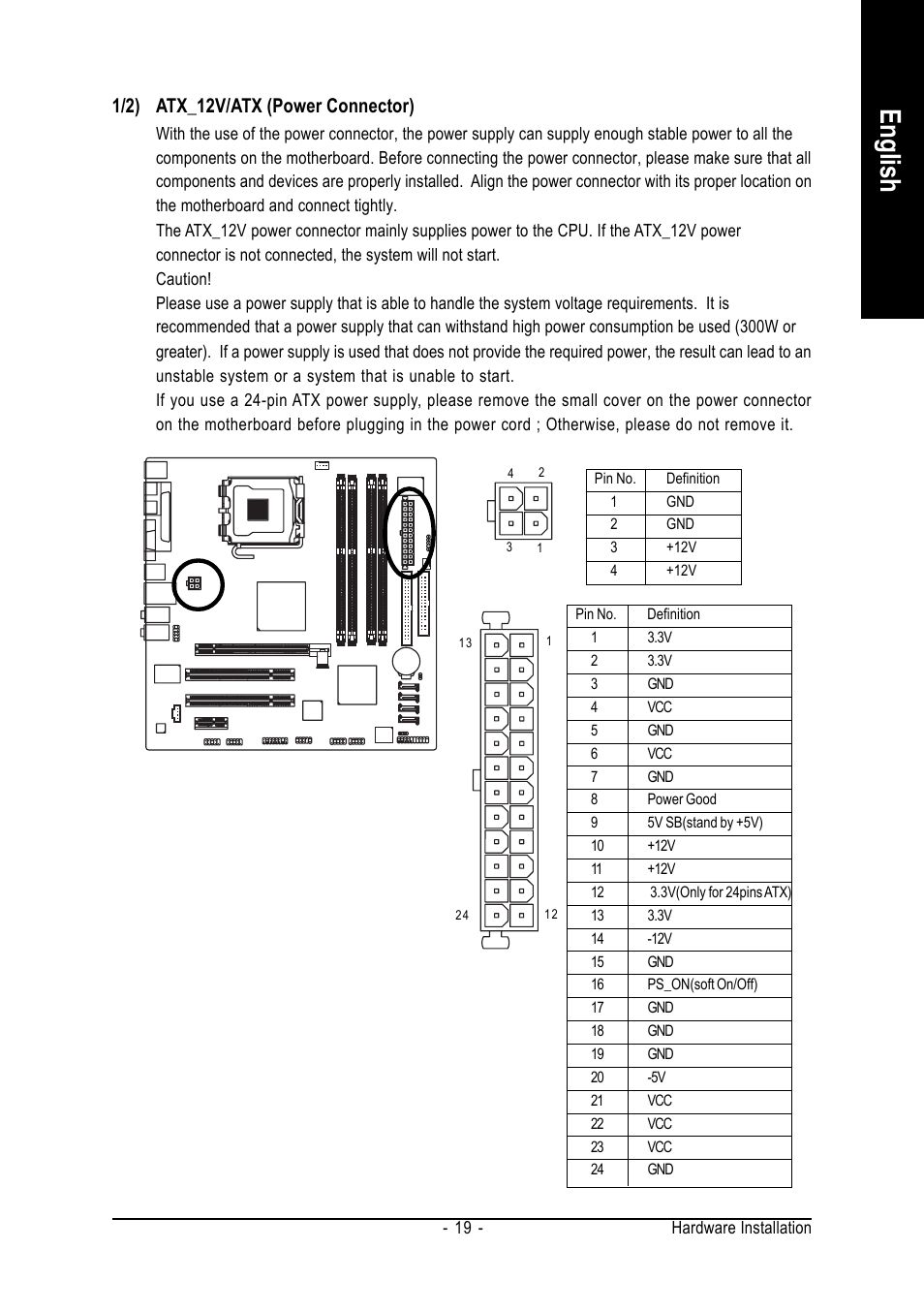 English, 1/2) atx_12v/atx (power connector) | GIGABYTE GA-8I915G-MF User Manual | Page 19 / 80