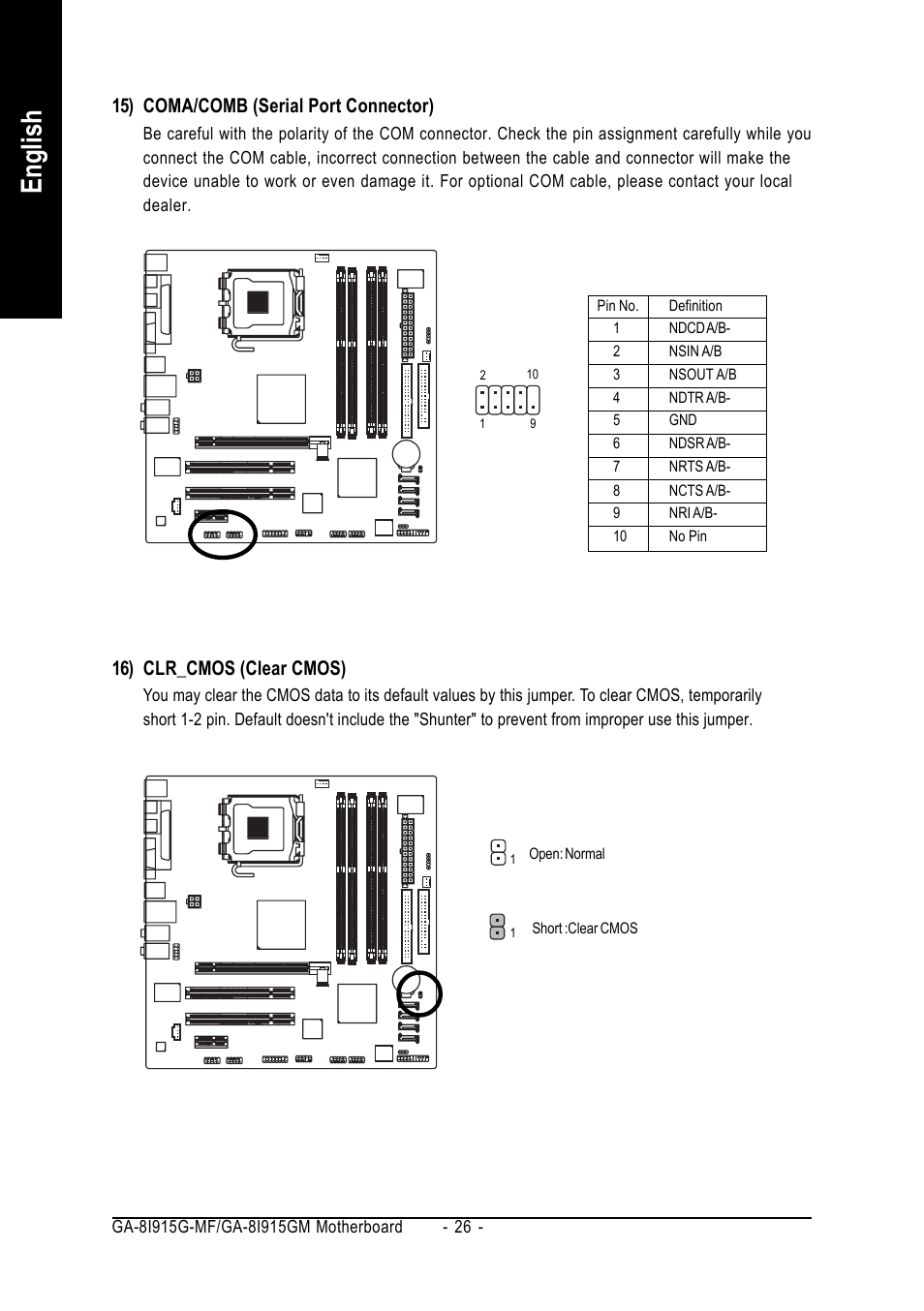 English, 16) clr_cmos (clear cmos), 15) coma/comb (serial port connector) | GIGABYTE GA-8I915G-MF User Manual | Page 26 / 80