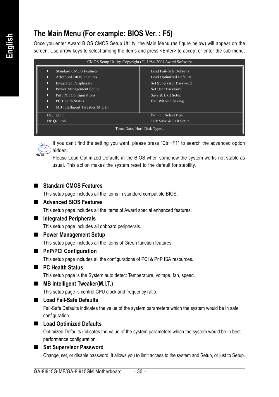 English, The main menu (for example: bios ver. : f5) | GIGABYTE GA-8I915G-MF User Manual | Page 30 / 80