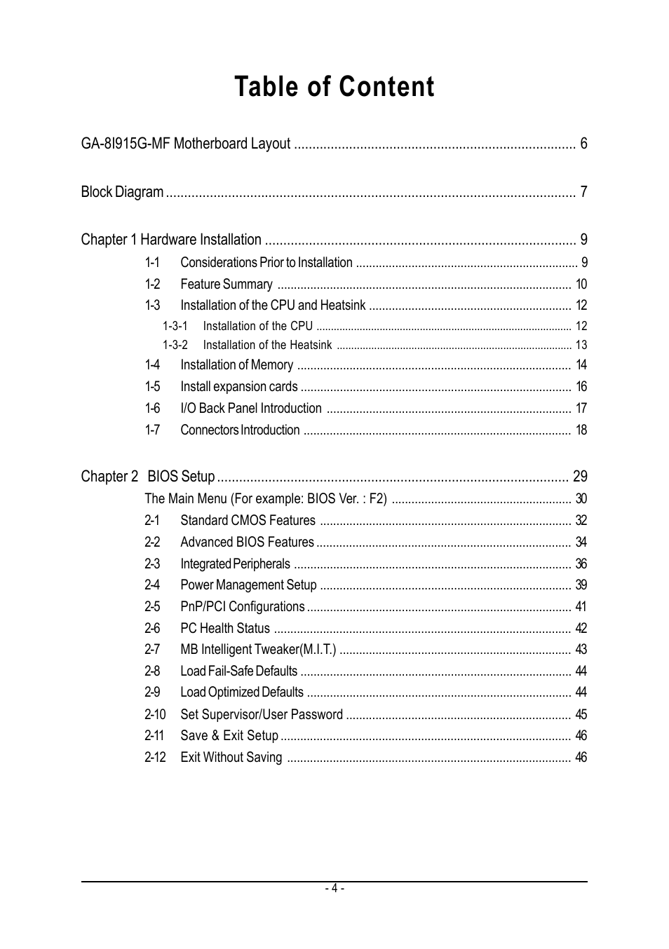 Table of content | GIGABYTE GA-8I915G-MF User Manual | Page 4 / 80