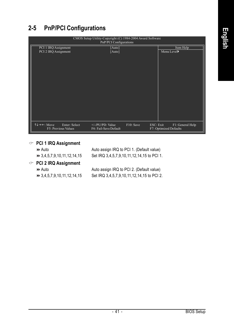 English, 5 pnp/pci configurations, Pci 1 irq assignment | Pci 2 irq assignment | GIGABYTE GA-8I915G-MF User Manual | Page 41 / 80