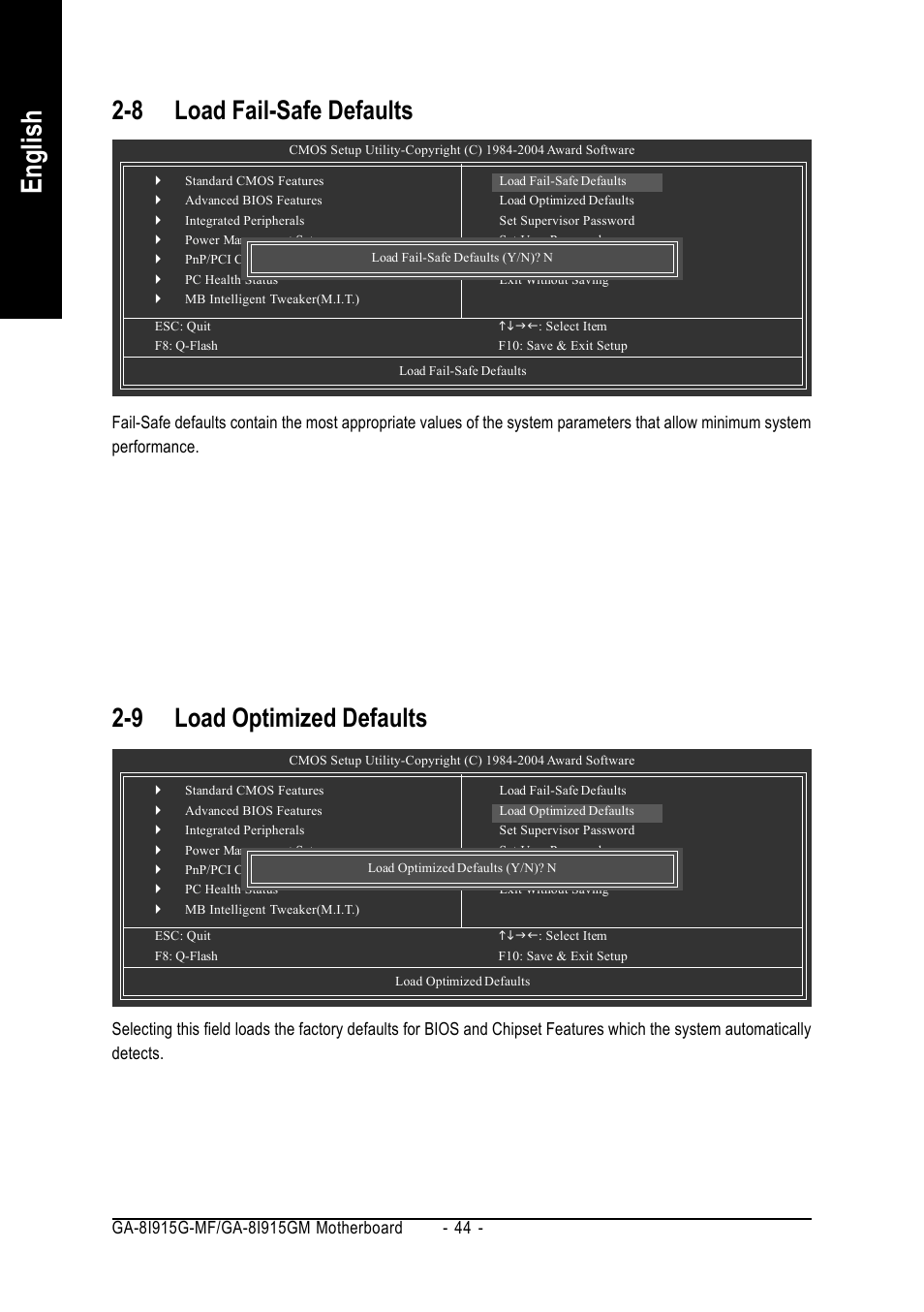 English, 8 load fail-safe defaults, 9 load optimized defaults | GIGABYTE GA-8I915G-MF User Manual | Page 44 / 80