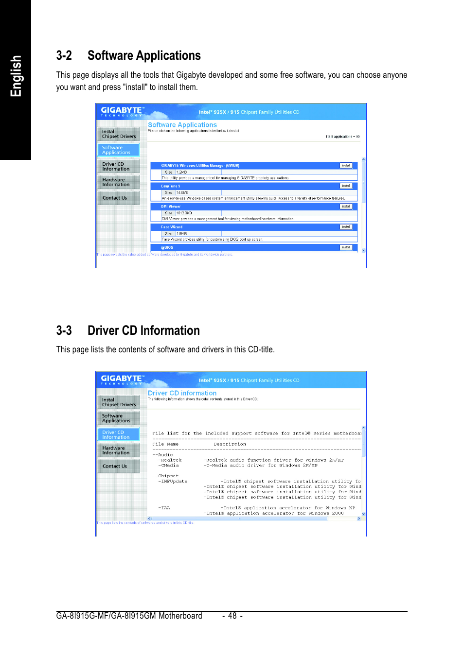 English, 2 software applications, 3 driver cd information | GIGABYTE GA-8I915G-MF User Manual | Page 48 / 80